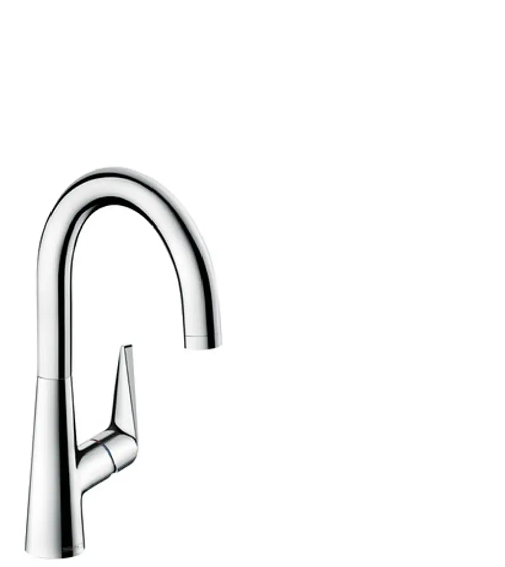 Spültischmischer in chromfarbener Ausführung von Hansgrohe, mit elegantem, geschwungenem Auslauf und einem Hebel zur Bedienung.